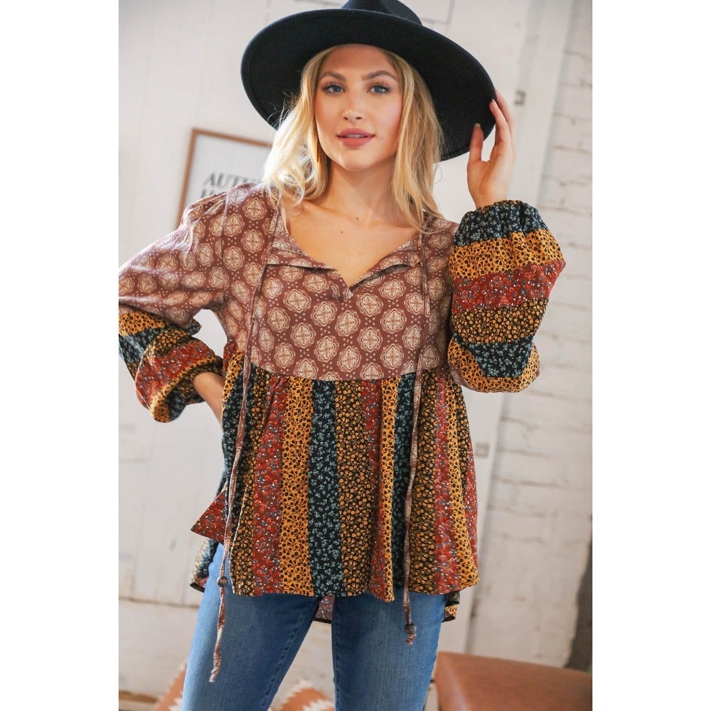 NEW! Boho Tie Front Pattern Block Lantern Sleeve Relaxed Fit Blouse!